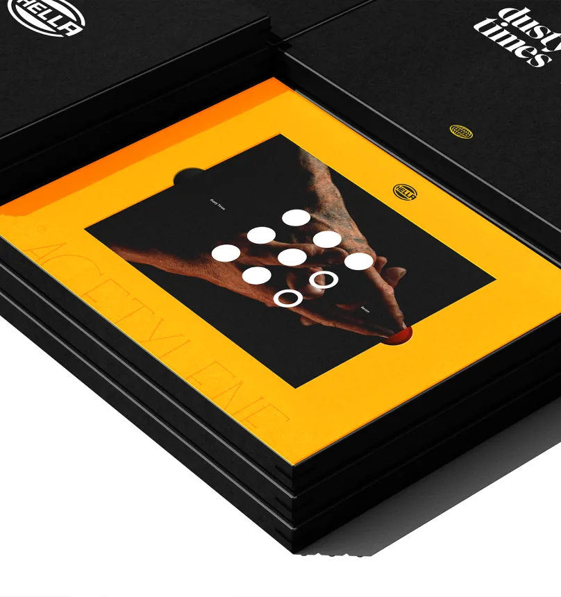 Hella × Dusty Times limited-edition boxed journal with yellow packaging and black cover