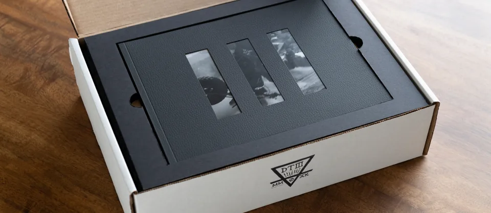 Dusty Times VIP journal inside a custom black presentation box and shipping carton
