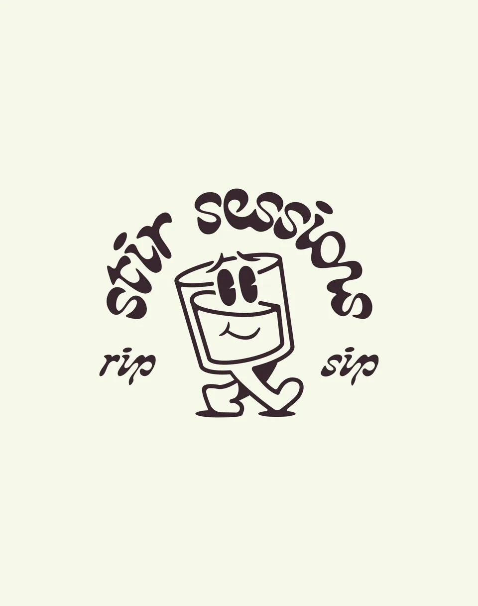 Stir Sessions circular mark with a smiling, walking glass and rip sip lettering