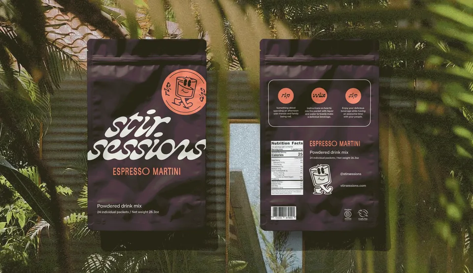 Animated packaging concepts showing four Stir Sessions flavor directions on larger pouches