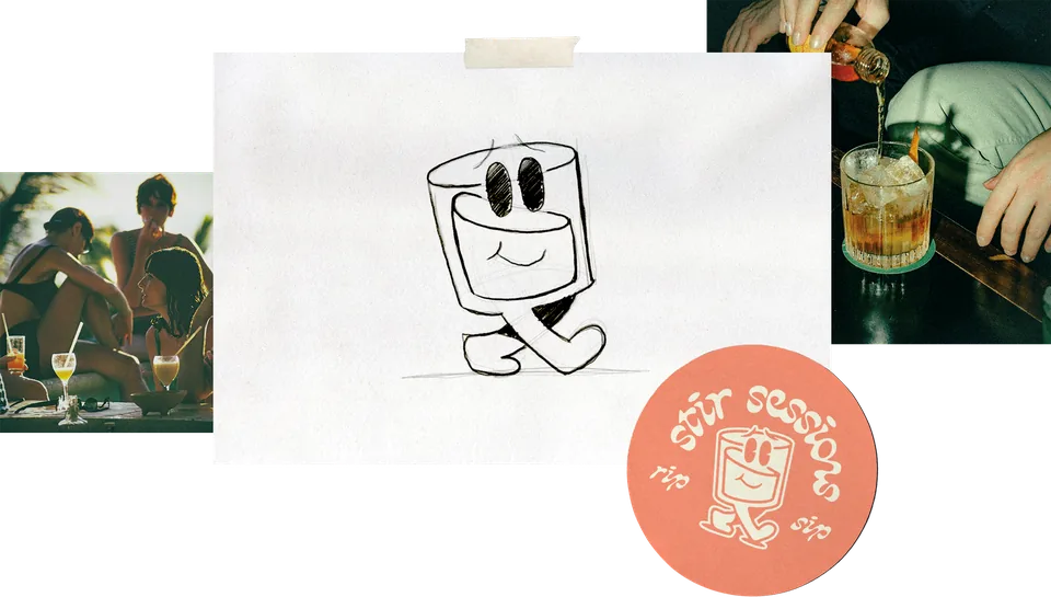 Walking glass character sketch surrounded by gathering references and the finished circular badge